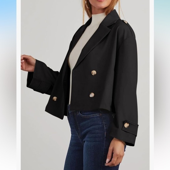 NWT Cropped Trench Coats Double Breasted Blazer Long Sleeve Lapel with Pockets - Picture 3 of 6